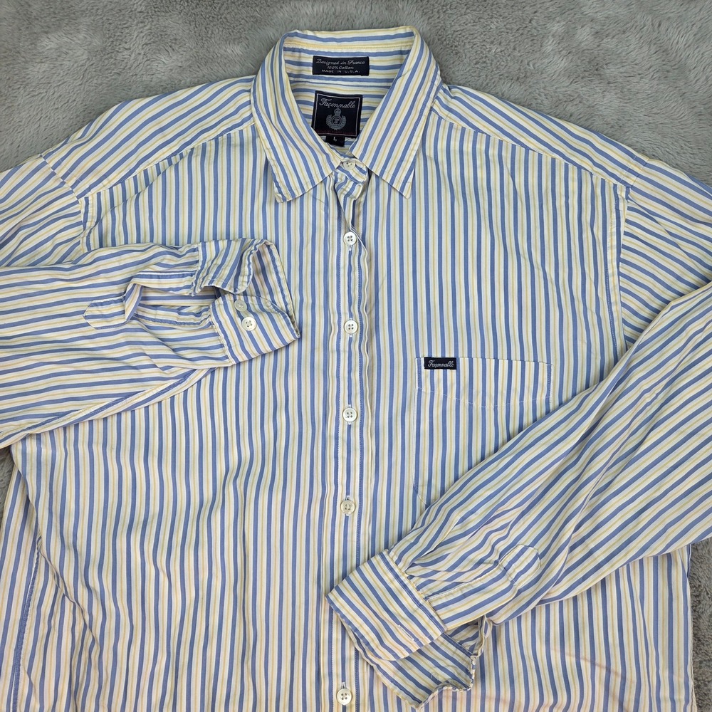 Faconnable Button Down Shirt Women Sz L Striped Long Sleeve Blue Yellow USA Made